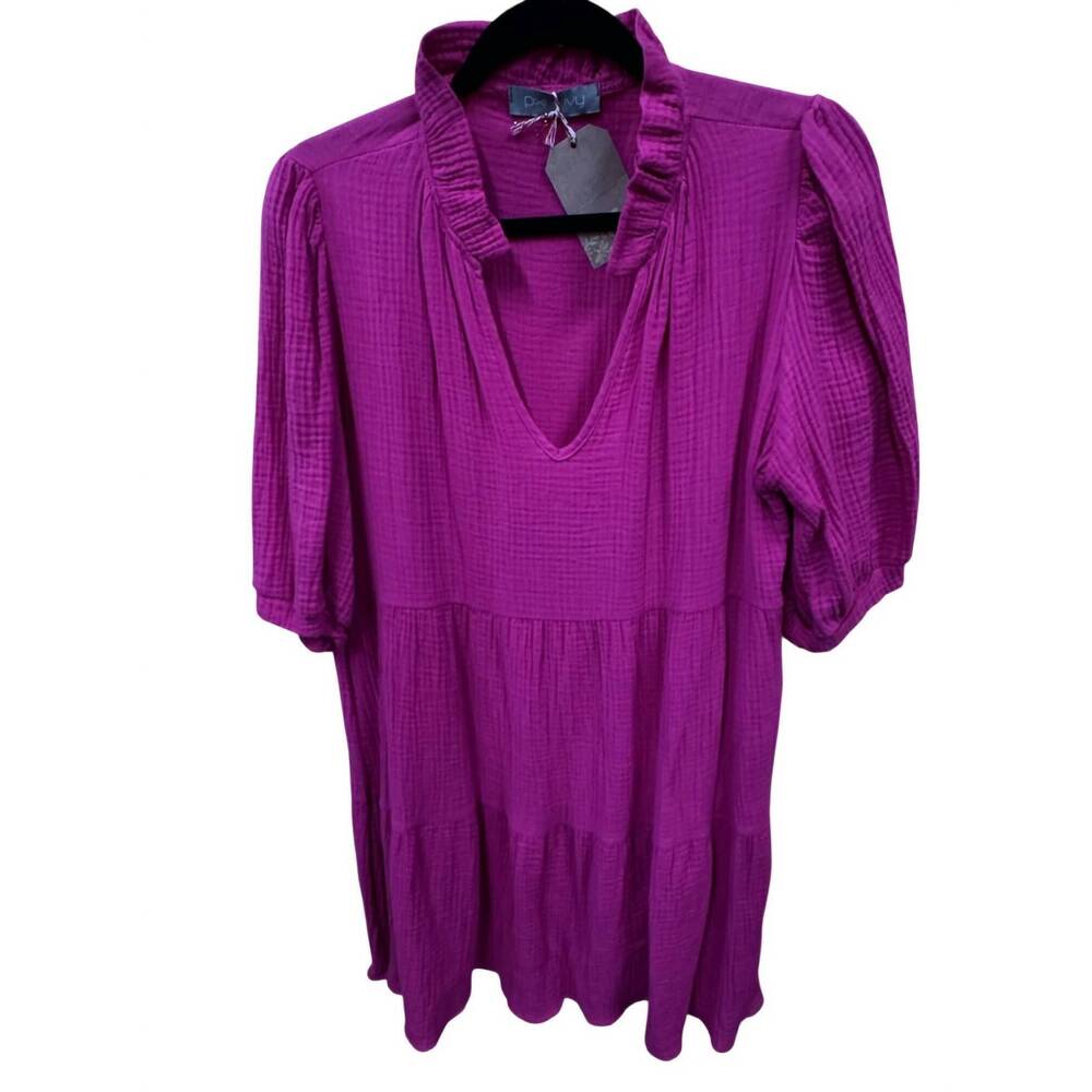 NEW PIXI + IVY women's crinkle ruffle neck dress in fuchsia